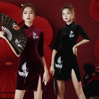 Cheongsam Kinų Stiliaus Drabužiai Moterims Mados Krano Spausdinimo Padalinta Šakutės Trumpos Suknelės Naująjį Kinijos Tradicija Slim Seksualus Drabužiai