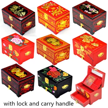 3 sluoksnis Rankena Lacquerware Kinijos Senovinių Medinių Laikymo Dėžutė su užrakinti Namų Dekoro Stalčių Papuošalai, Makiažas Dėžės Vestuvių Dovana